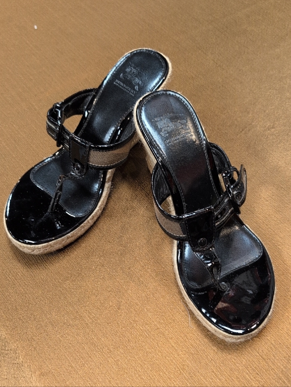 Burberry Black Patent Thong Wedge Sandals with Espadrille Wrap
